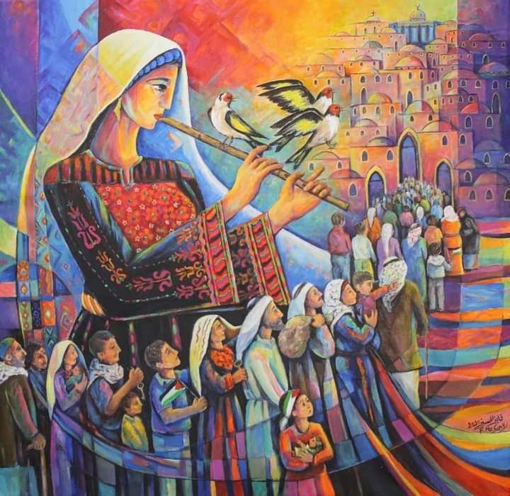 Painting of a woman playing a flute with several birds around her, as below her a line of Palestinians make their way up towards the city of Jerusalem. The colors are warm and bright.