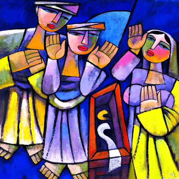 A painting in a style resembling stained glass of three women standing over a coffin, which is empty except for strips of white and yellow linen. The women's hands are raised in confusion and shock.