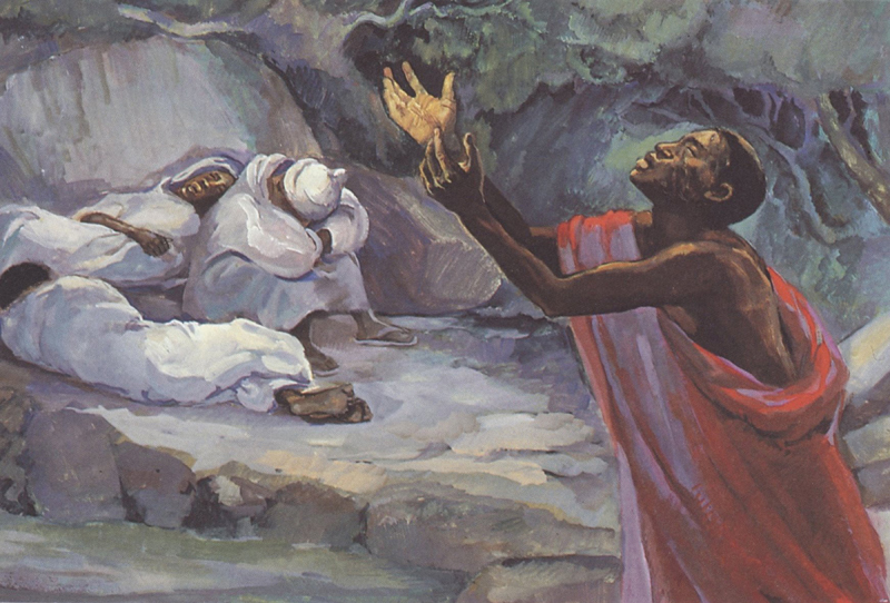Jesus prays on the ground, looking agonized and raising his hands towards the dark sky, as three figures sleep in the background.